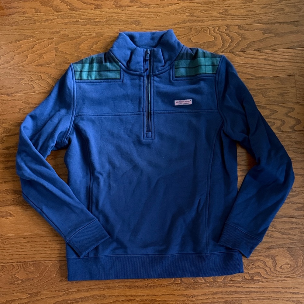 Vineyard Vines quarter zip with plaid trim